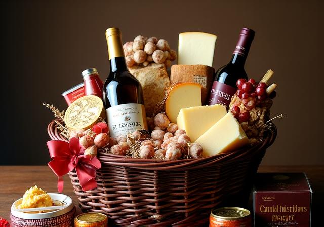 Ein Geschenkkorb gefüllt mit Käse, Wein und anderen Delikatessen