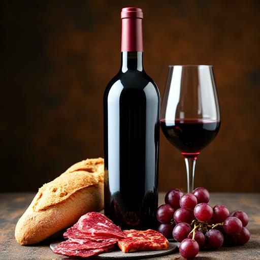 Eine Flasche Rotwein neben Wurstwaren und Brot